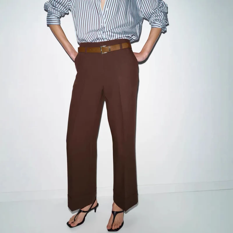 Damen Weite High‑Waist‑Hose mit Umschlagsaum, Bügelfalte und Taillengürtel Drune