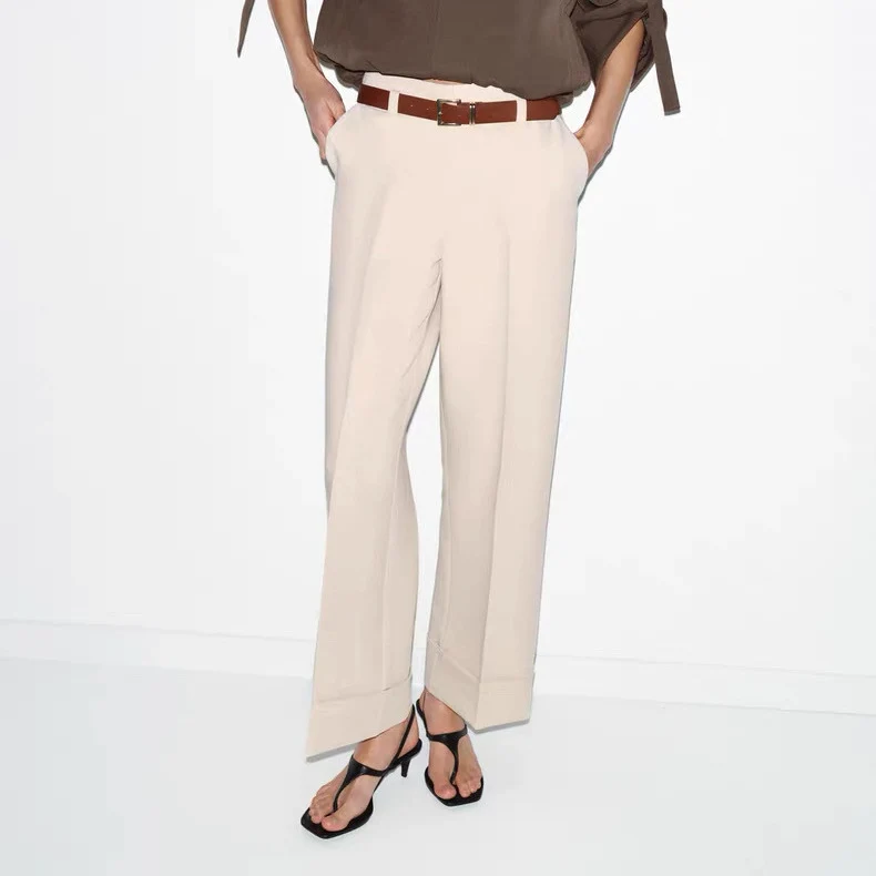 Damen Weite High‑Waist‑Hose mit Umschlagsaum, Bügelfalte und Taillengürtel Drune