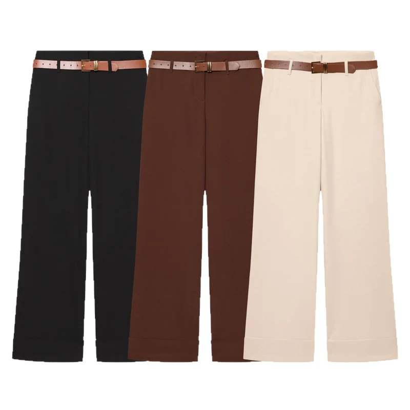 Damen Weite High‑Waist‑Hose mit Umschlagsaum, Bügelfalte und Taillengürtel Drune