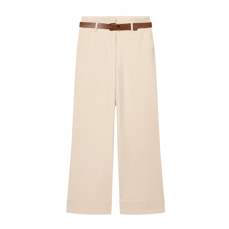 Damen Weite High‑Waist‑Hose mit Umschlagsaum, Bügelfalte und Taillengürtel Drune