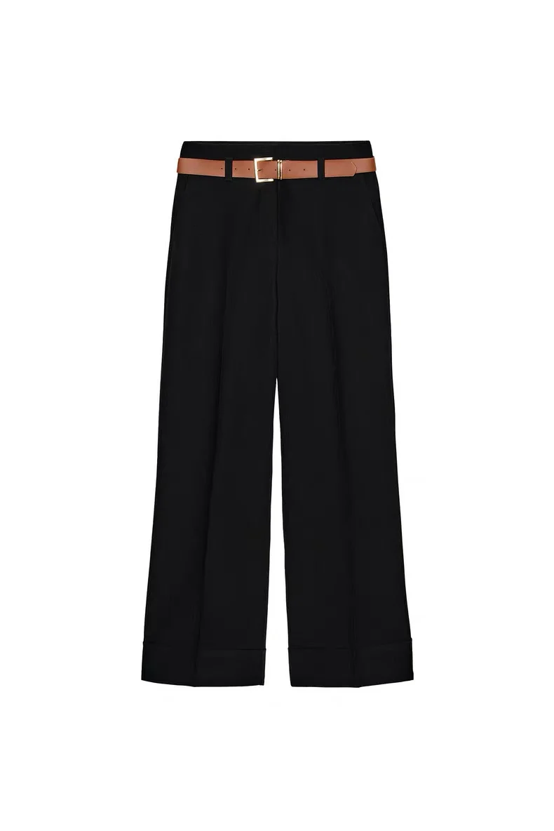 Damen Weite High‑Waist‑Hose mit Umschlagsaum, Bügelfalte und Taillengürtel Drune