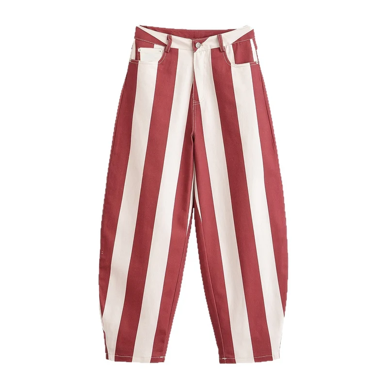 Damen Weite High‑Waist‑Hose mit maritimen Blockstreifen und tapered Bein Drune