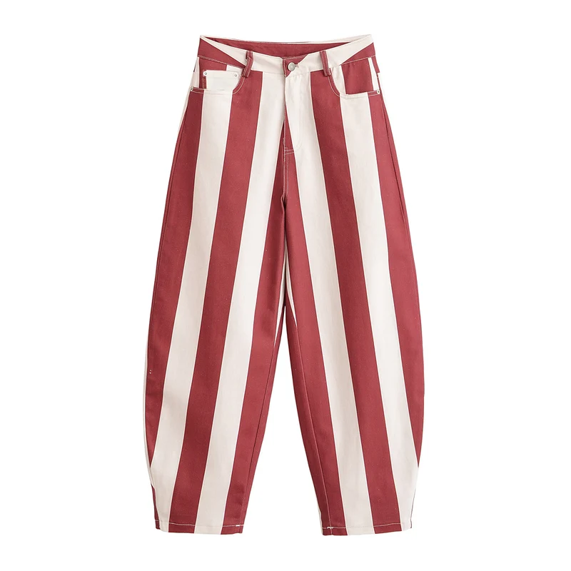 Damen Weite High‑Waist‑Hose mit maritimen Blockstreifen und tapered Bein Drune