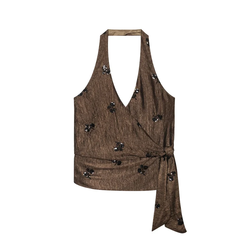 Damen Weite High‑Waist‑Hose mit Crinkle‑Effekt und Paillettenblüten Drune