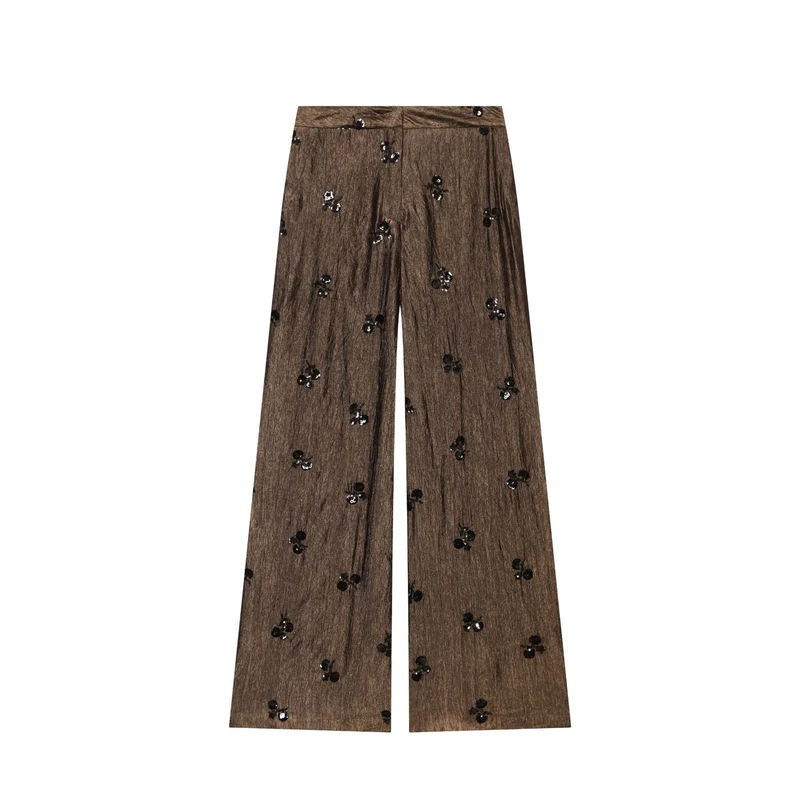Damen Weite High‑Waist‑Hose mit Crinkle‑Effekt und Paillettenblüten Drune