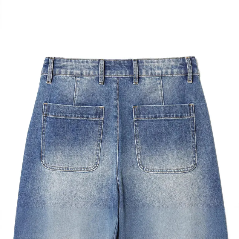 Damen Weite High‑Waist Cropped Denim-Jeans mit aufgesetzten Taschen und rohem Saum Drune