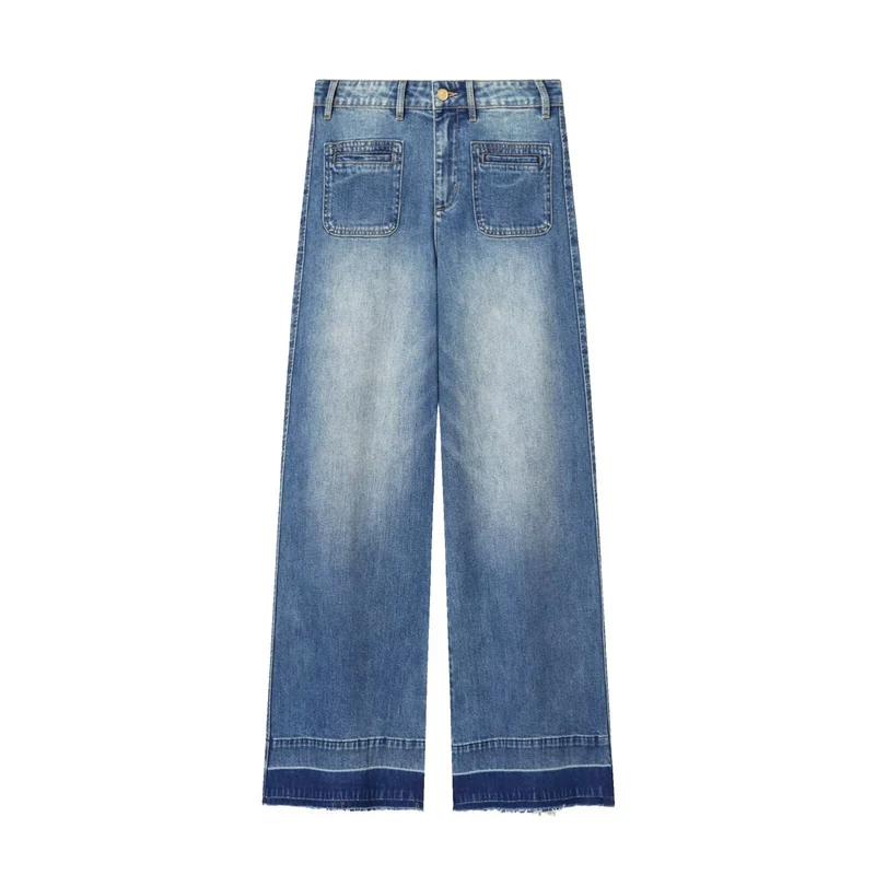Damen Weite High‑Waist Cropped Denim-Jeans mit aufgesetzten Taschen und rohem Saum Drune