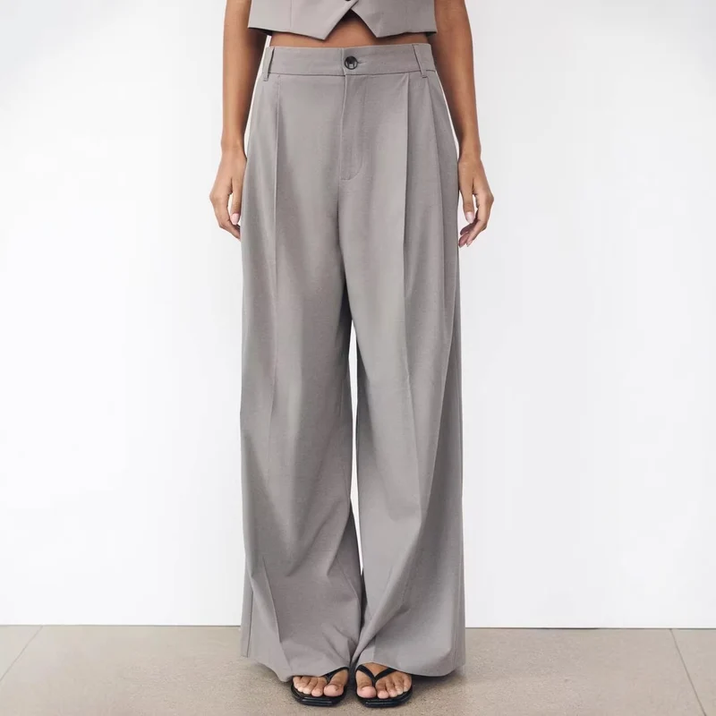 Damen Weite High‑Waist Bundfaltenhose mit weitem Bein Drune