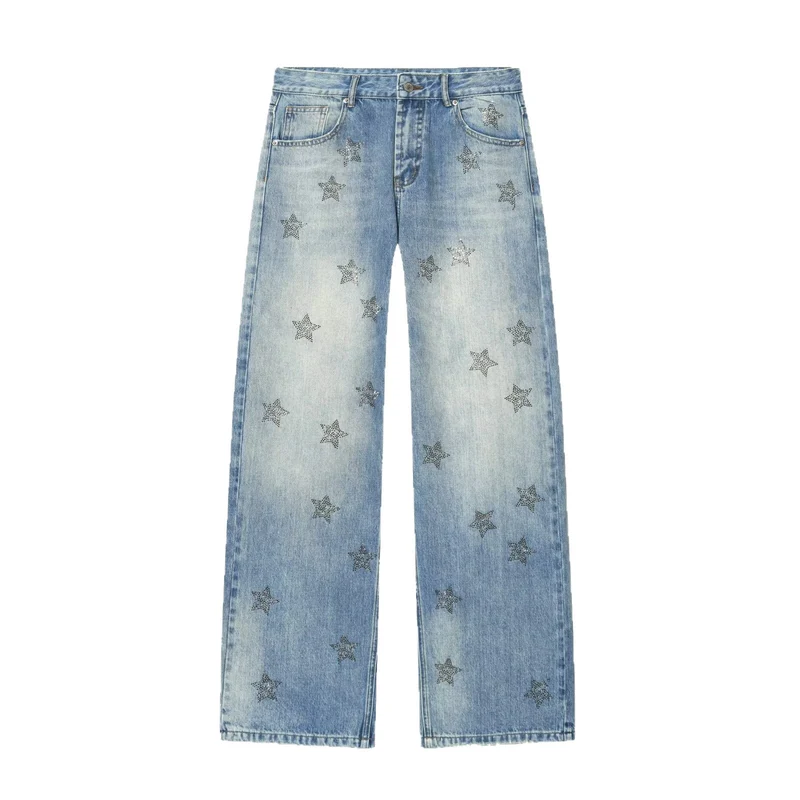 Damen Weite Denim-Jeans mit Sternenbesatz und geradem Bein Drune
