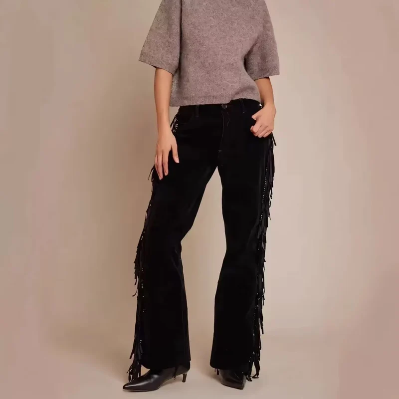 Damen Weite Culotte-Hose mit Fransenbesatz und Veloursoptik Drune