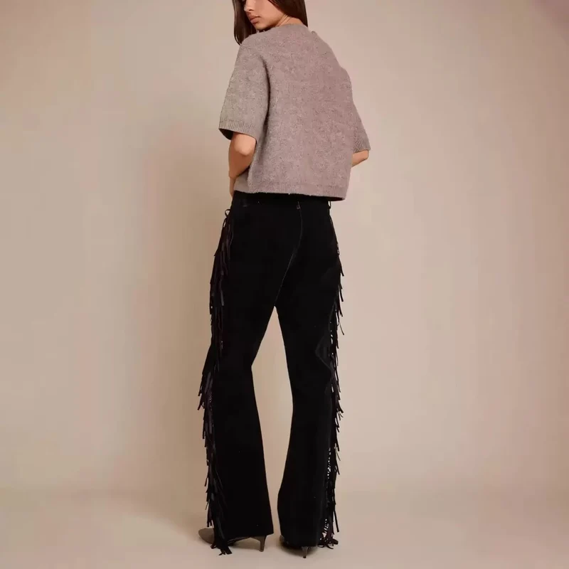 Damen Weite Culotte-Hose mit Fransenbesatz und Veloursoptik Drune
