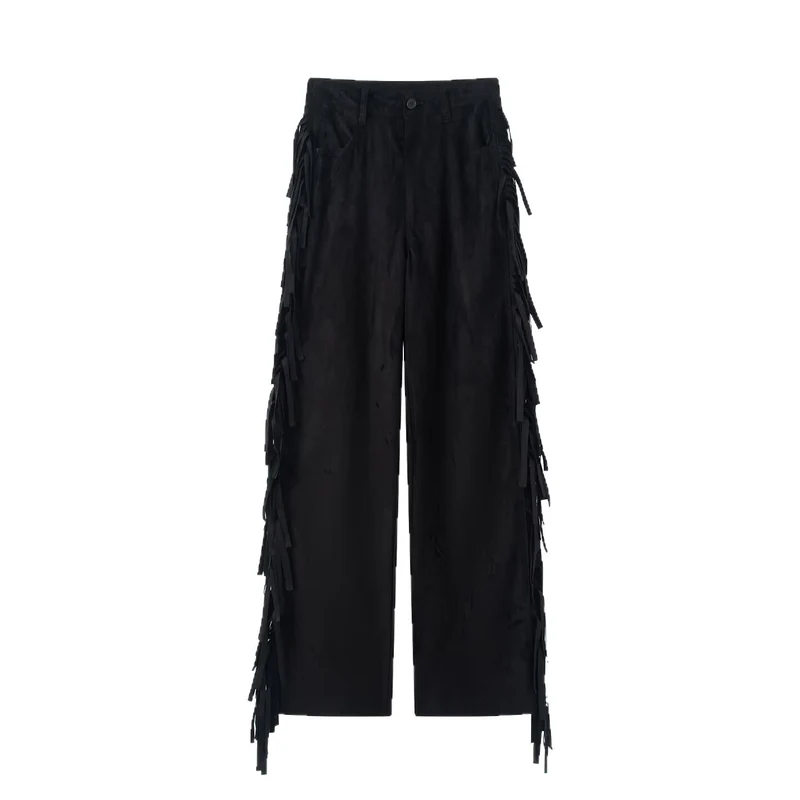 Damen Weite Culotte-Hose mit Fransenbesatz und Veloursoptik Drune