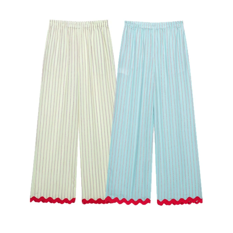 Damen Weite Culotte-Hose mit elastischem Bund, feinen Längsstreifen und Wellenkante Drune