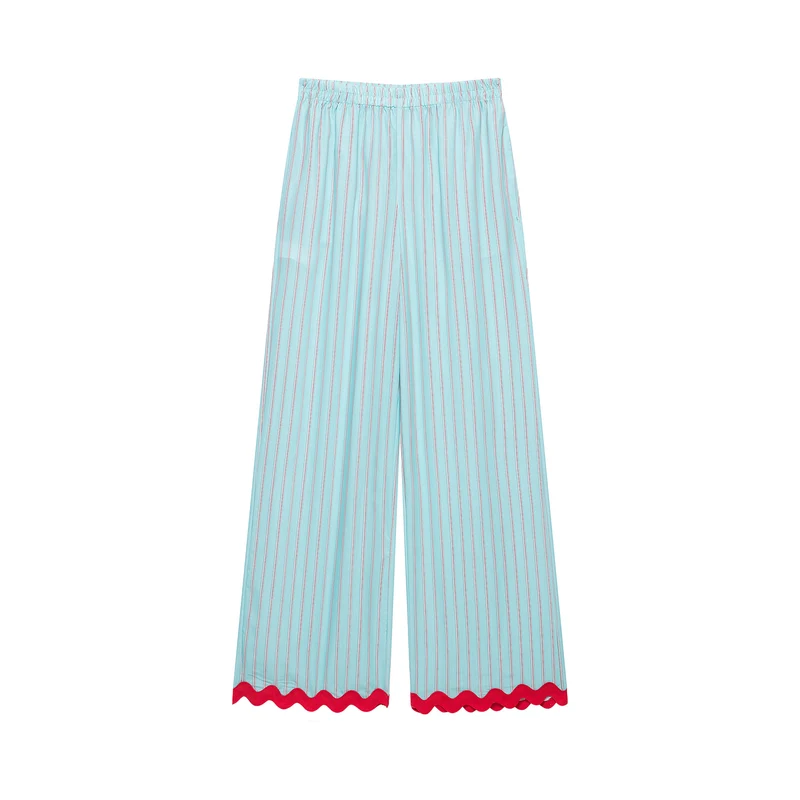 Damen Weite Culotte-Hose mit elastischem Bund, feinen Längsstreifen und Wellenkante Drune