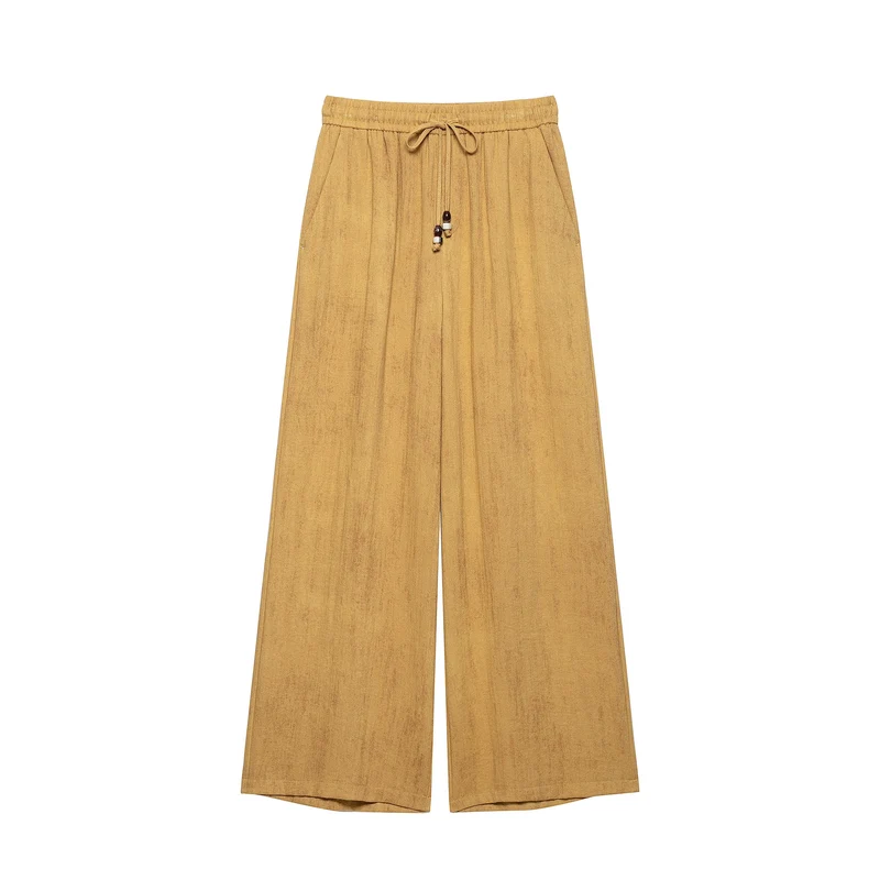 Damen Weite Culotte-Hose in Leinenoptik mit Gummibund und Zierkordel Drune