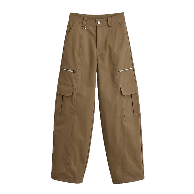 Damen Weite Cargo-Hose mit Utility-Taschen, Reißverschluss-Details und hoher Taille Drune