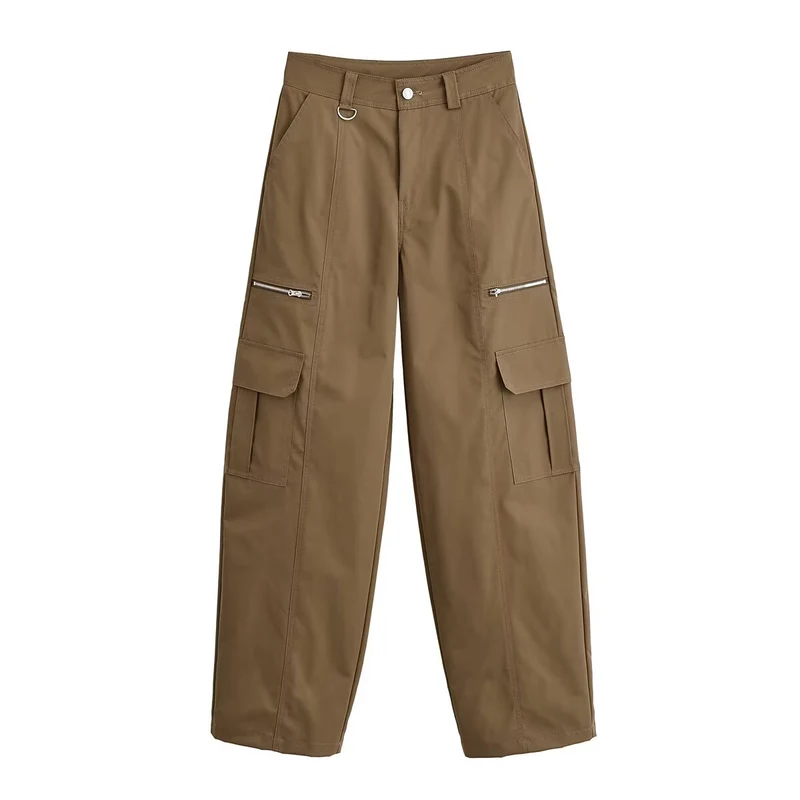 Damen Weite Cargo-Hose mit Utility-Taschen, Reißverschluss-Details und hoher Taille Drune