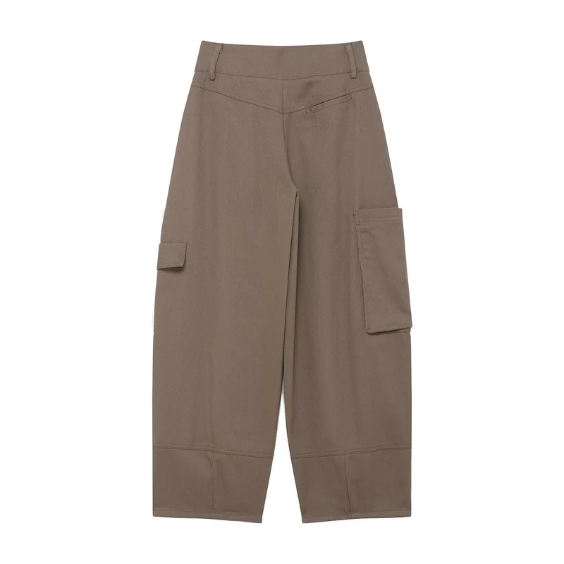 Damen weite Cargo-Cropped-Hose mit hoher Taille und aufgesetzten Taschen Drune
