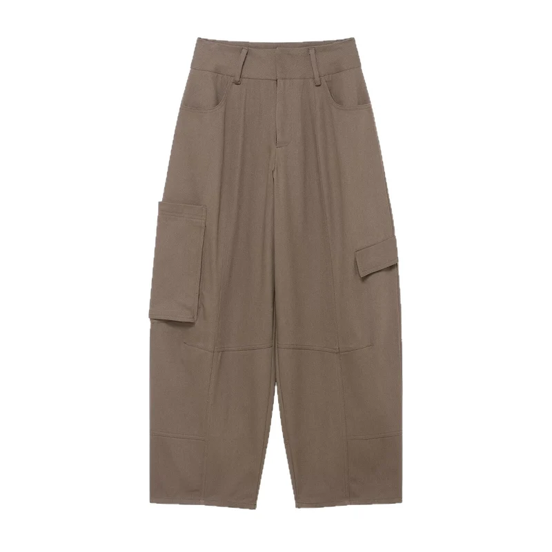 Damen weite Cargo-Cropped-Hose mit hoher Taille und aufgesetzten Taschen Drune