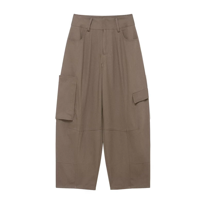 Damen weite Cargo-Cropped-Hose mit hoher Taille und aufgesetzten Taschen Drune