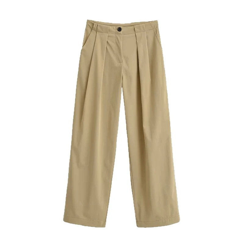 Damen Weite Bundfaltenhose mit hoher Taille und geradem Bein Drune