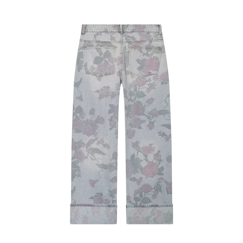 Damen Weite Blumenprint-Denimhose mit geradem Bein und Umschlag Drune