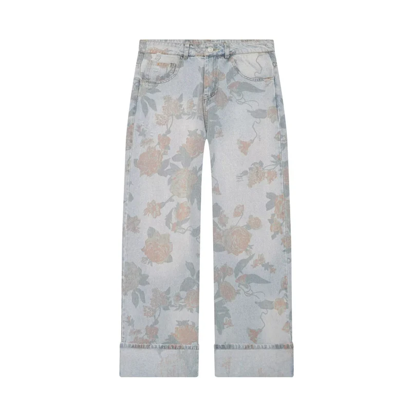Damen Weite Blumenprint-Denimhose mit geradem Bein und Umschlag Drune