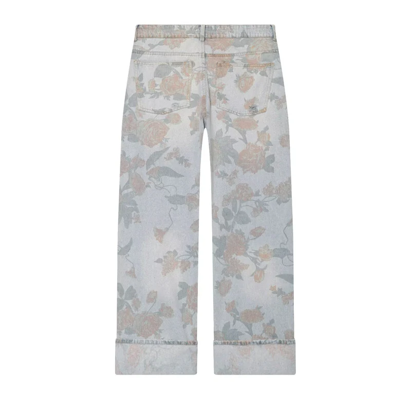 Damen Weite Blumenprint-Denimhose mit geradem Bein und Umschlag Drune