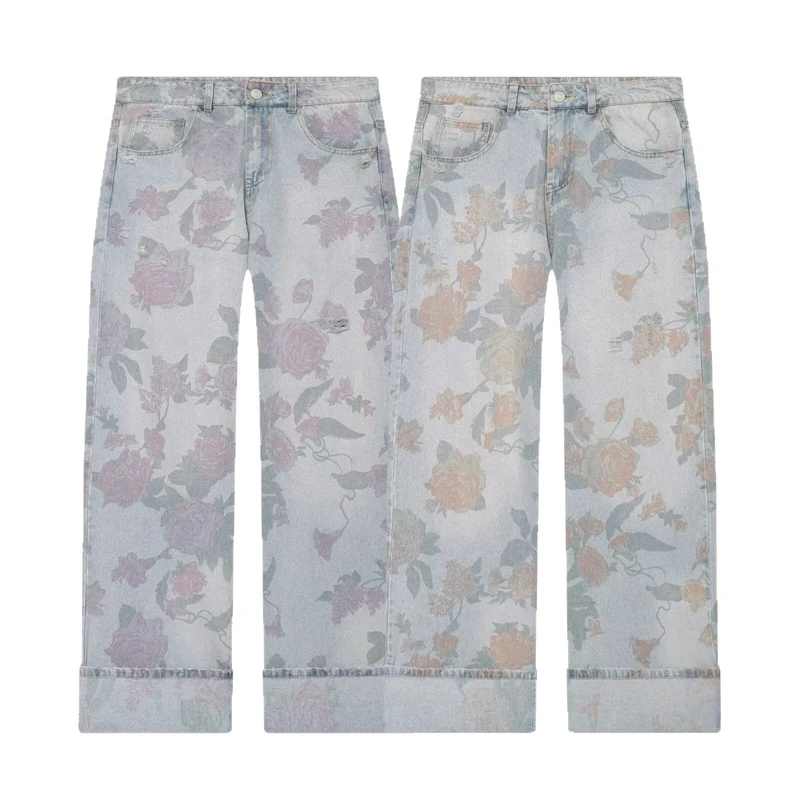 Damen Weite Blumenprint-Denimhose mit geradem Bein und Umschlag Drune