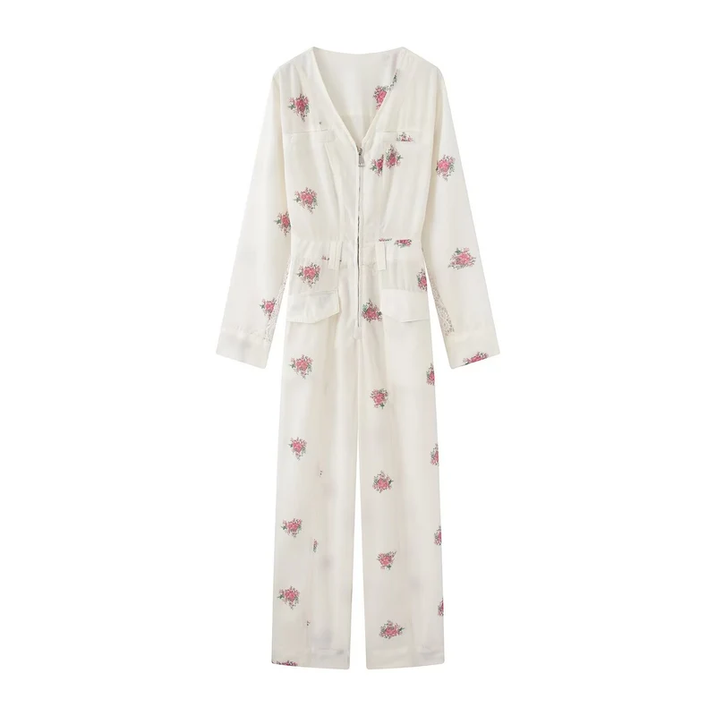 Damen Weicher Viskose-Overall mit floralem Print, Reißverschluss und weitem Bein Drune