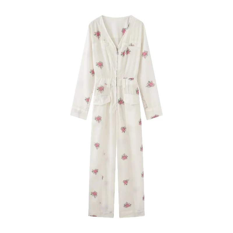 Damen Weicher Viskose-Overall mit floralem Print, Reißverschluss und weitem Bein Drune