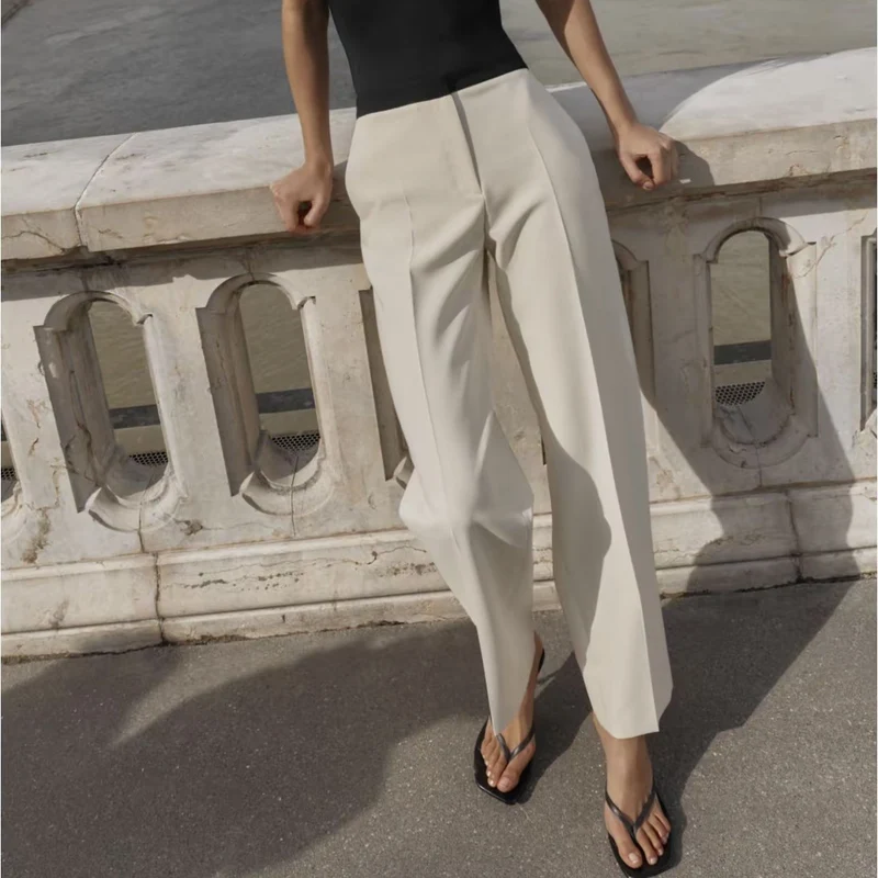 Damen Weiche High‑Waist Stoffhose mit elastischem Kontrastbund und geradem Bein Drune