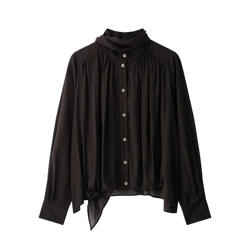 Damen Weiche Chiffonbluse mit Stehkragen, Knopfleiste und asymmetrischem Saum Drune