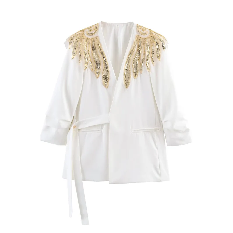 Damen Langline-Blazer mit goldbestickten Schultern und Bindegürtel Drune