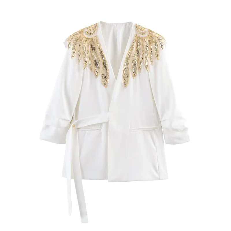 Damen Langline-Blazer mit goldbestickten Schultern und Bindegürtel Drune