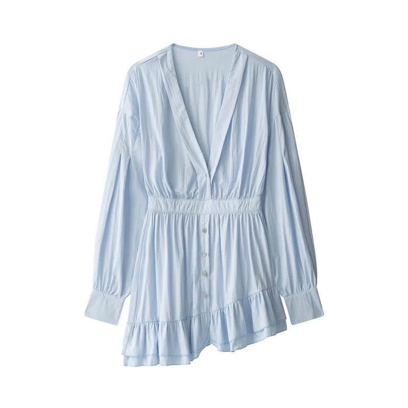 Damen Langes Tunika‑Kleid mit tiefem V‑Ausschnitt, tailliertem Riegel und Stufenvolant Drune