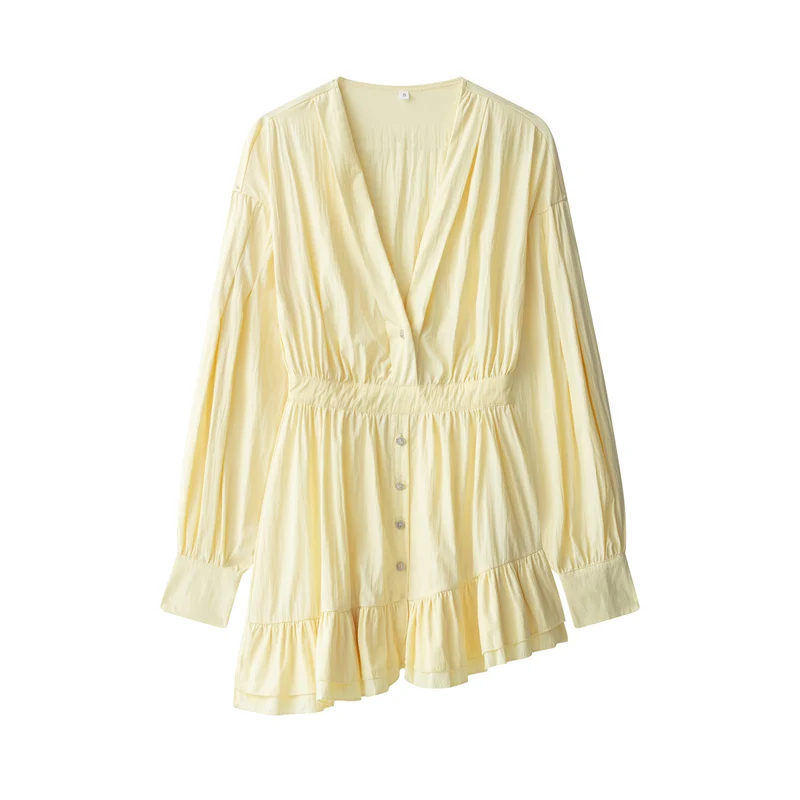 Damen Langes Tunika‑Kleid mit tiefem V‑Ausschnitt, tailliertem Riegel und Stufenvolant Drune