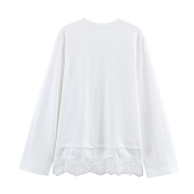 Damen Langes Relaxed‑Shirt mit Rundhals und Spitzenbesatz am Saum Drune
