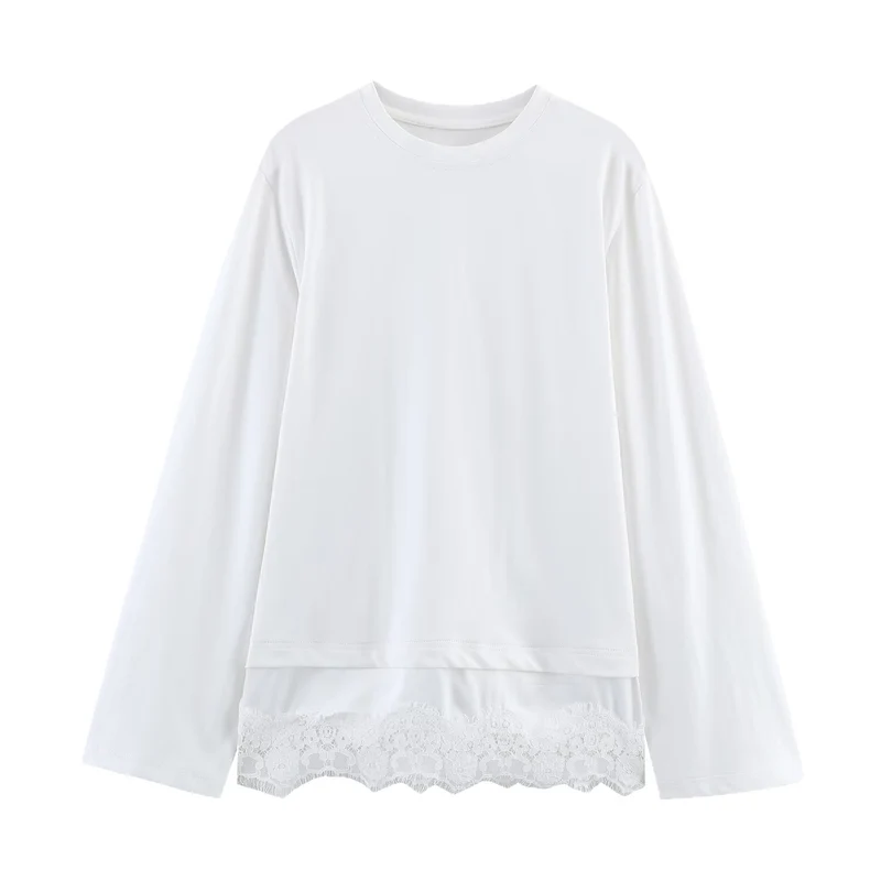 Damen Langes Relaxed‑Shirt mit Rundhals und Spitzenbesatz am Saum Drune