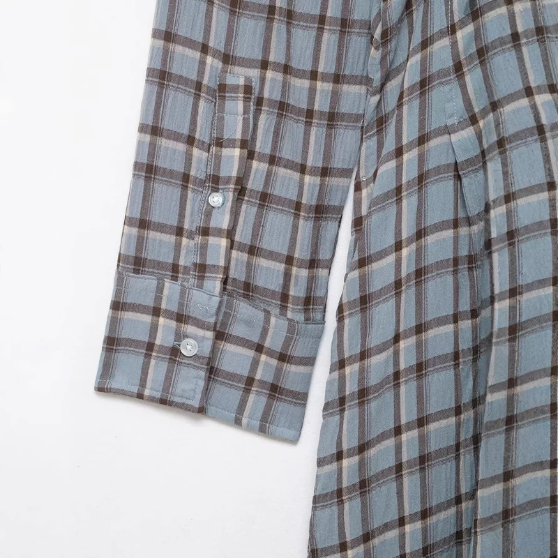 Damen Langes kariertes Hemdkleid mit durchgehender Knopfleiste und A‑Linien‑Silhouette Drune