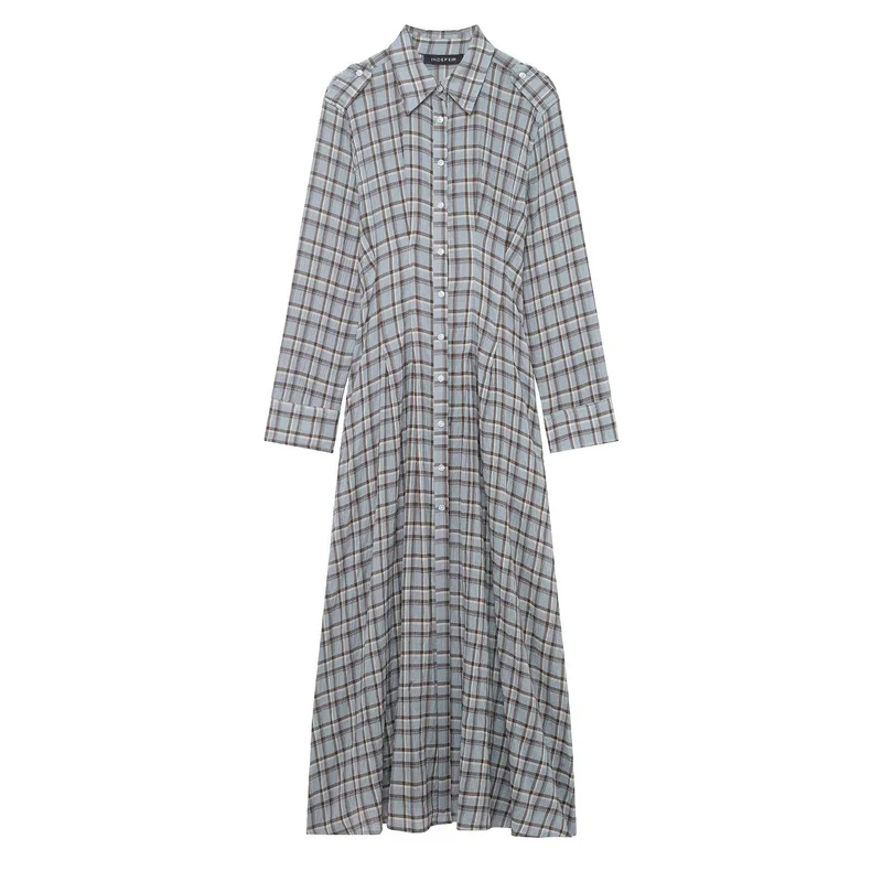 Damen Langes kariertes Hemdkleid mit durchgehender Knopfleiste und A‑Linien‑Silhouette Drune