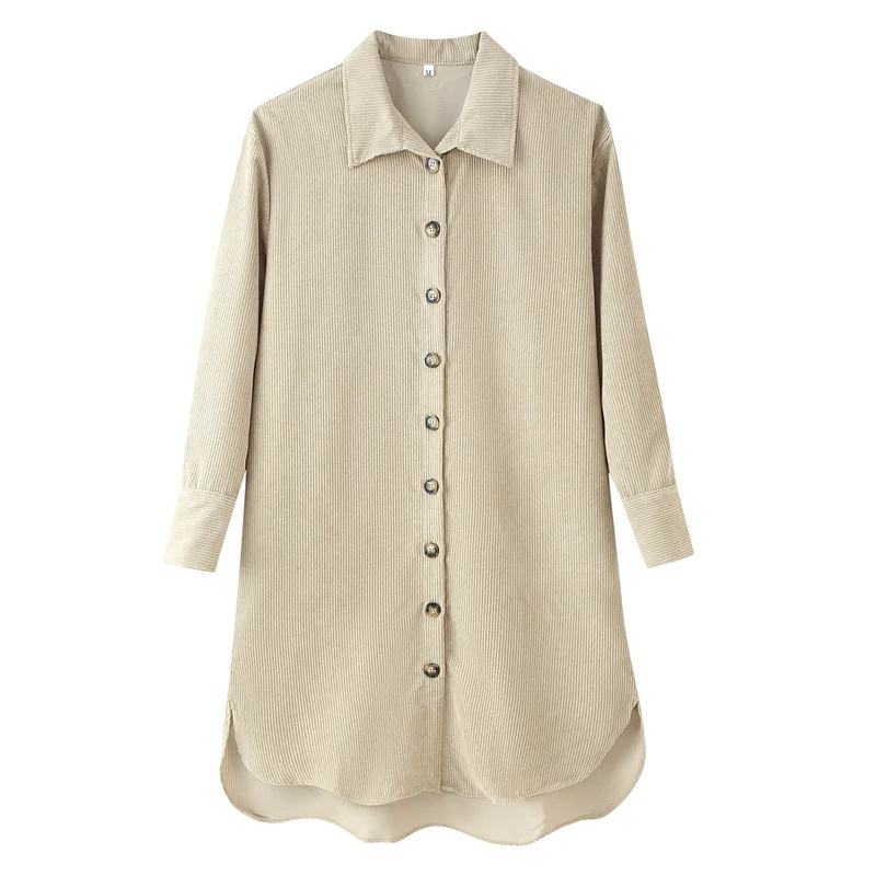 Damen Langes Hemdkleid aus Cord‑Ripp mit durchgehender Knopfleiste, Hemdkragen und abgerundetem Saum Drune