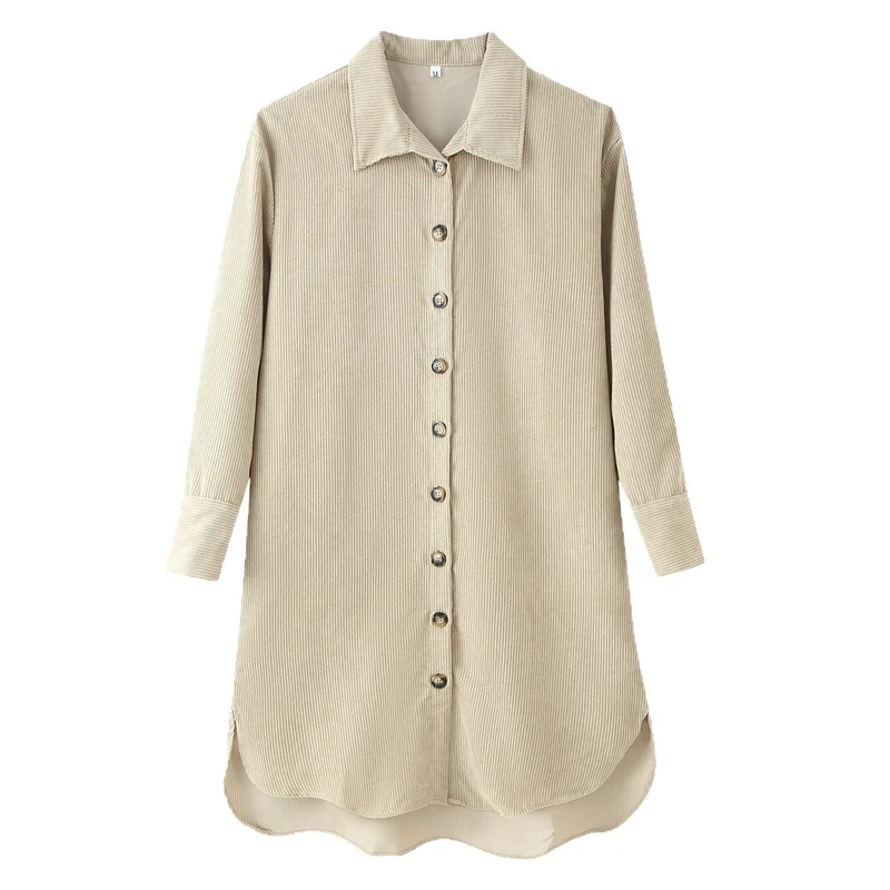 Damen Langes Hemdkleid aus Cord‑Ripp mit durchgehender Knopfleiste, Hemdkragen und abgerundetem Saum Drune