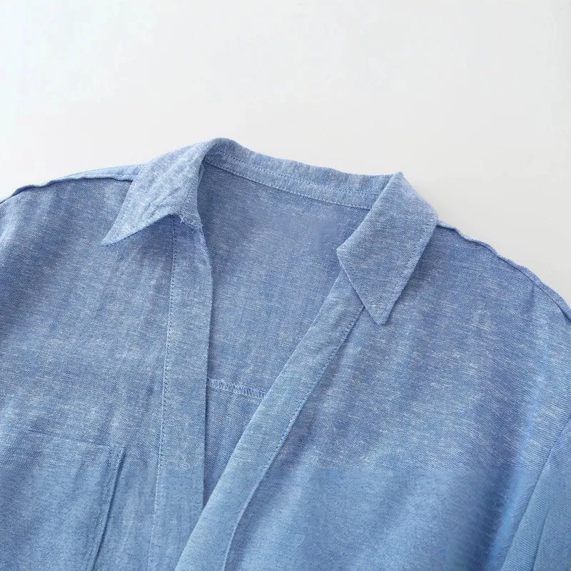 Damen Langes Hemdblusenkleid mit Taillengürtel und Kimonoärmeln Drune