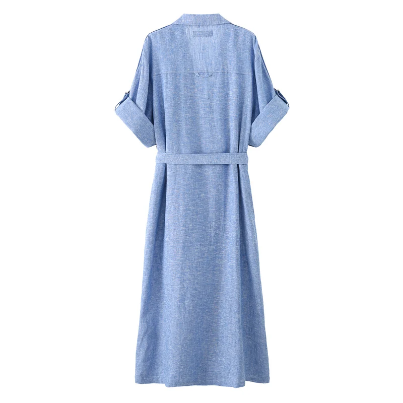 Damen Langes Hemdblusenkleid mit Taillengürtel und Kimonoärmeln Drune