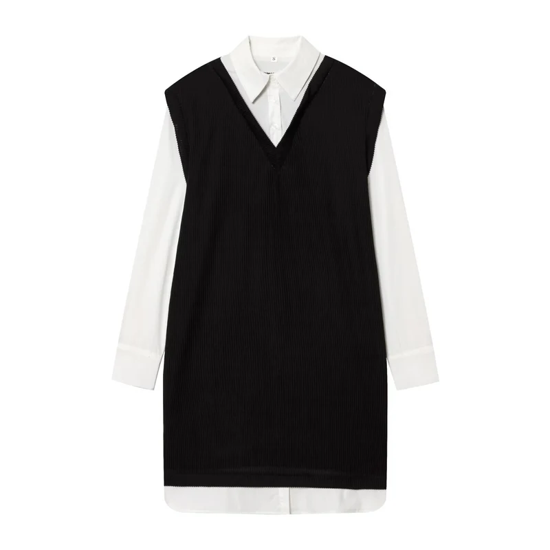 Damen Langes Hemdblusenkleid mit eingearbeiteter Strickweste Drune