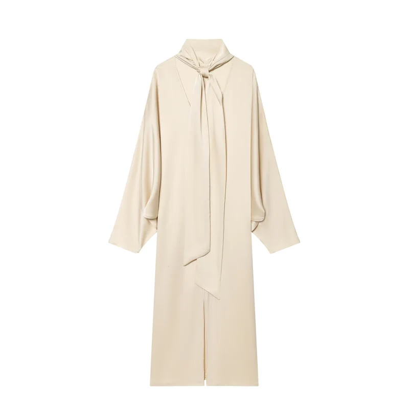 Damen Langes Hemdblusen-Kleid mit Schleifenkragen und Kimonoärmeln Drune
