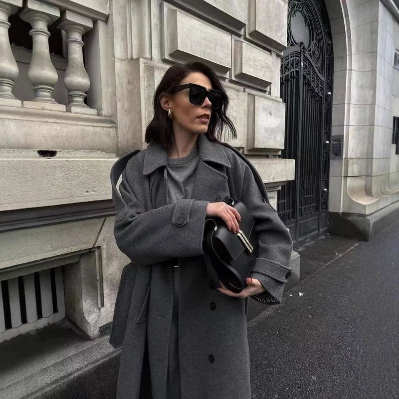 Damen Langer Woll-Trenchcoat mit Bindegürtel Drune