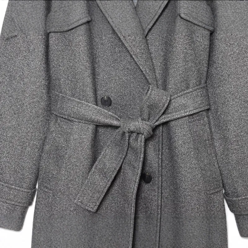 Damen Langer Woll-Trenchcoat mit Bindegürtel Drune