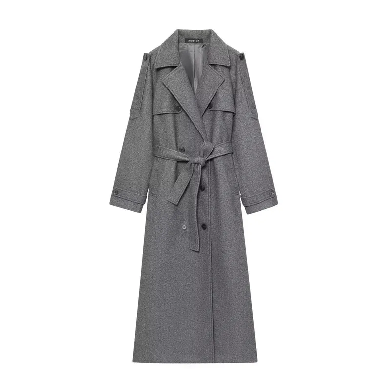 Damen Langer Woll-Trenchcoat mit Bindegürtel Drune